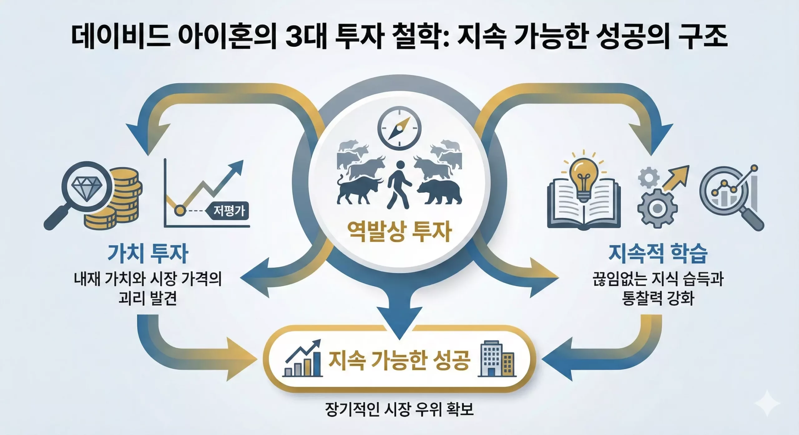 데이비드 아이혼 투자 철학 인포그래픽 - 반대급부 투자와 가치 투자의 결합 데이비드 아이혼 투자 철학 인포그래픽 - 반대급부 투자와 가치 투자의 결합