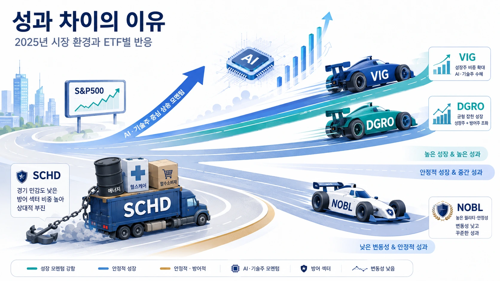 2025년 시장 환경에서 SCHD VIG DGRO NOBL 배당성장 ETF 성과 차이를 설명하는 인포그래픽 2025년 시장 환경에서 SCHD VIG DGRO NOBL 배당성장 ETF 성과 차이를 설명하는 인포그래픽
