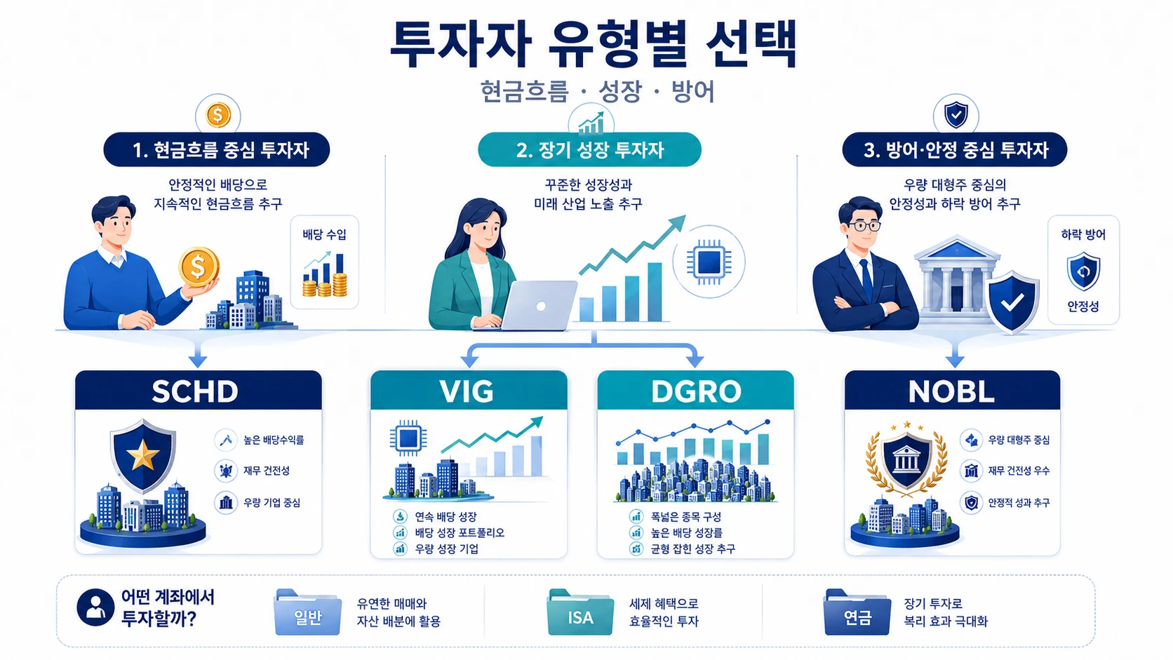 현금흐름 성장 방어 성향별 SCHD VIG DGRO NOBL 배당성장 ETF 선택 가이드 인포그래픽 현금흐름 성장 방어 성향별 SCHD VIG DGRO NOBL 배당성장 ETF 선택 가이드 인포그래픽