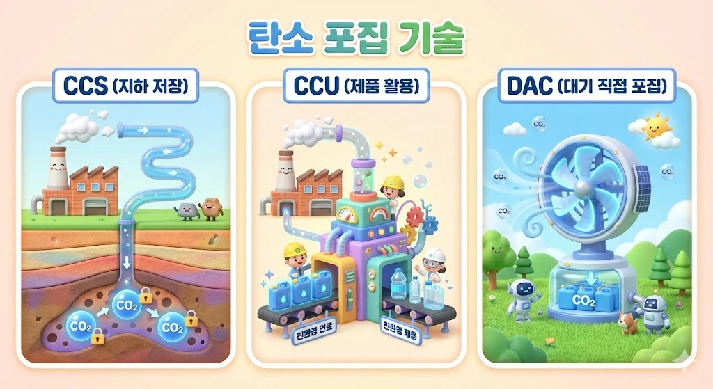 탄소 포집 기술 비교, 배출원에서 포집하여 저장하는 CCS, 활용하는 CCU, 대기 중에서 직접 포집하는 DAC의 차이점 탄소 포집 기술 비교, 배출원에서 포집하여 저장하는 CCS, 활용하는 CCU, 대기 중에서 직접 포집하는 DAC의 차이점
