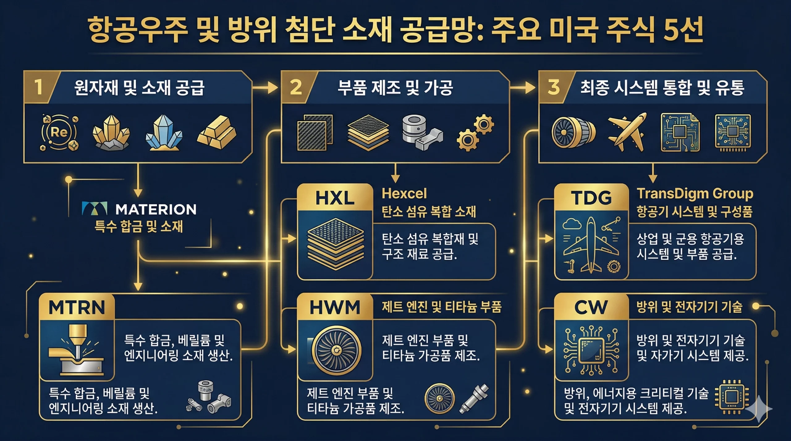우주항공 방위산업 첨단 소재 미국 주식 5종목 2026 인포그래픽 우주항공 방위산업 첨단 소재 미국 주식 5종목 2026 인포그래픽