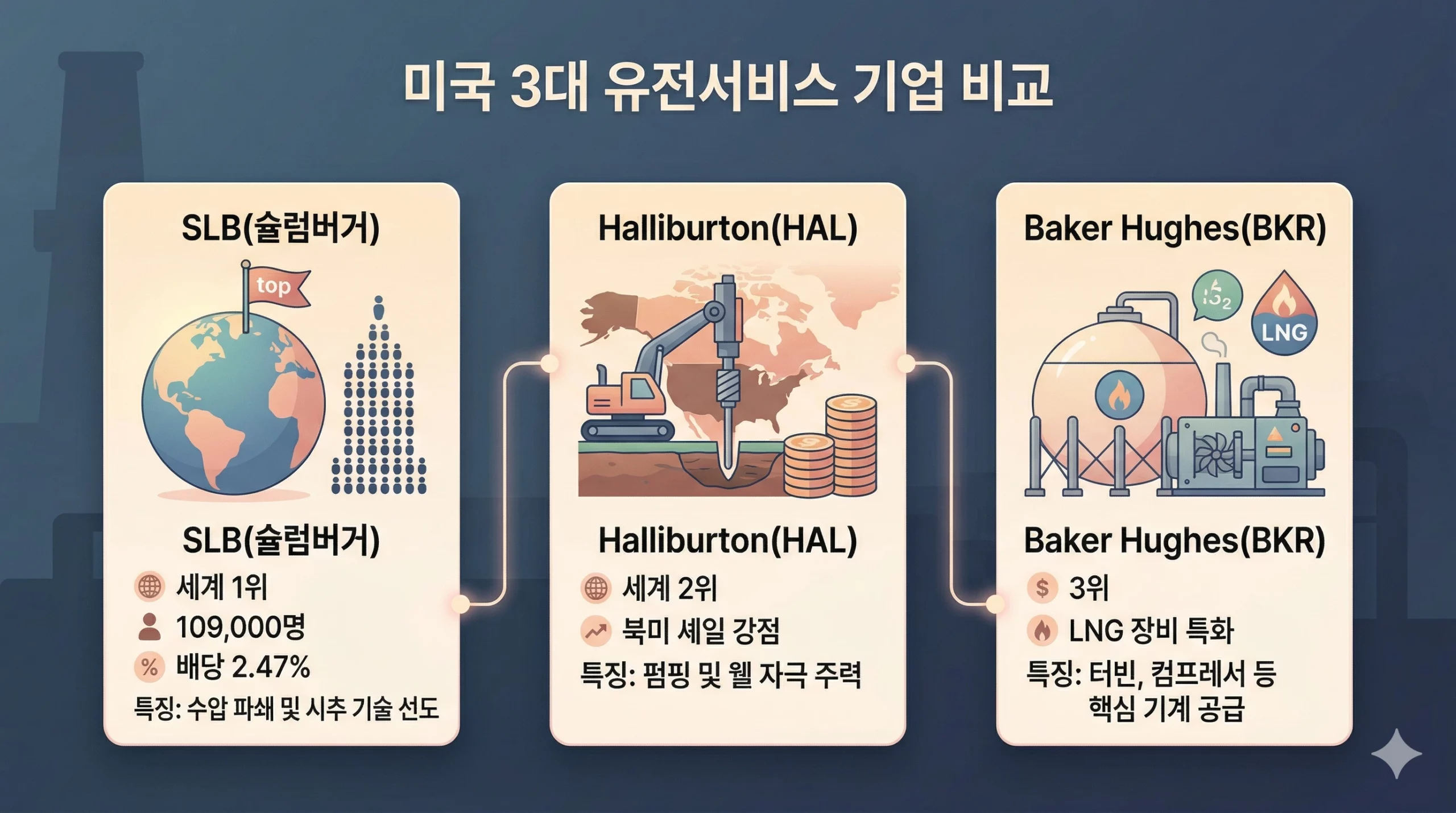 미국 유전서비스 기업 SLB·HAL·BKR 비교 인포그래픽