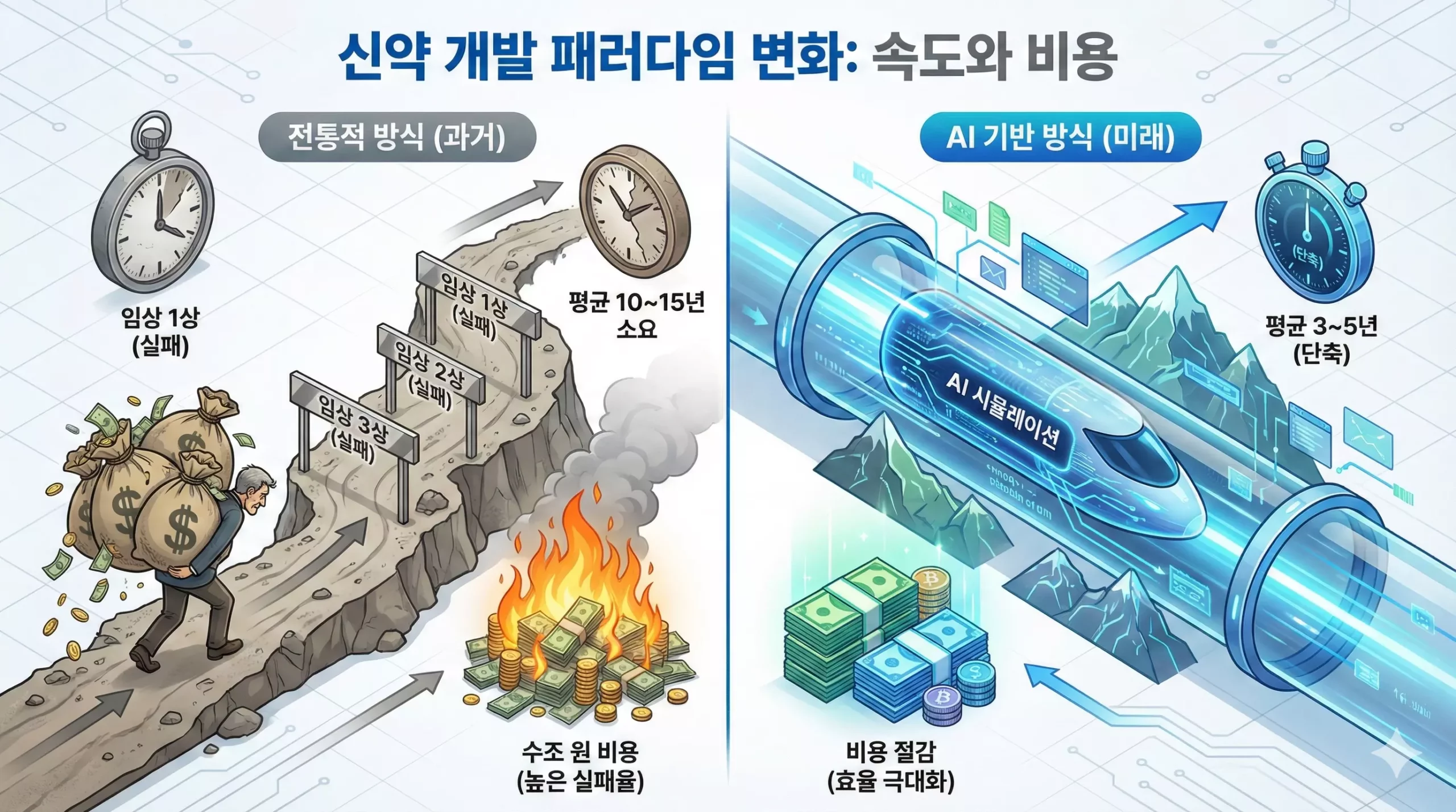 메디컬 AI ETF 투자 이유, AI 도입으로 인한 신약 개발 기간 단축 비교