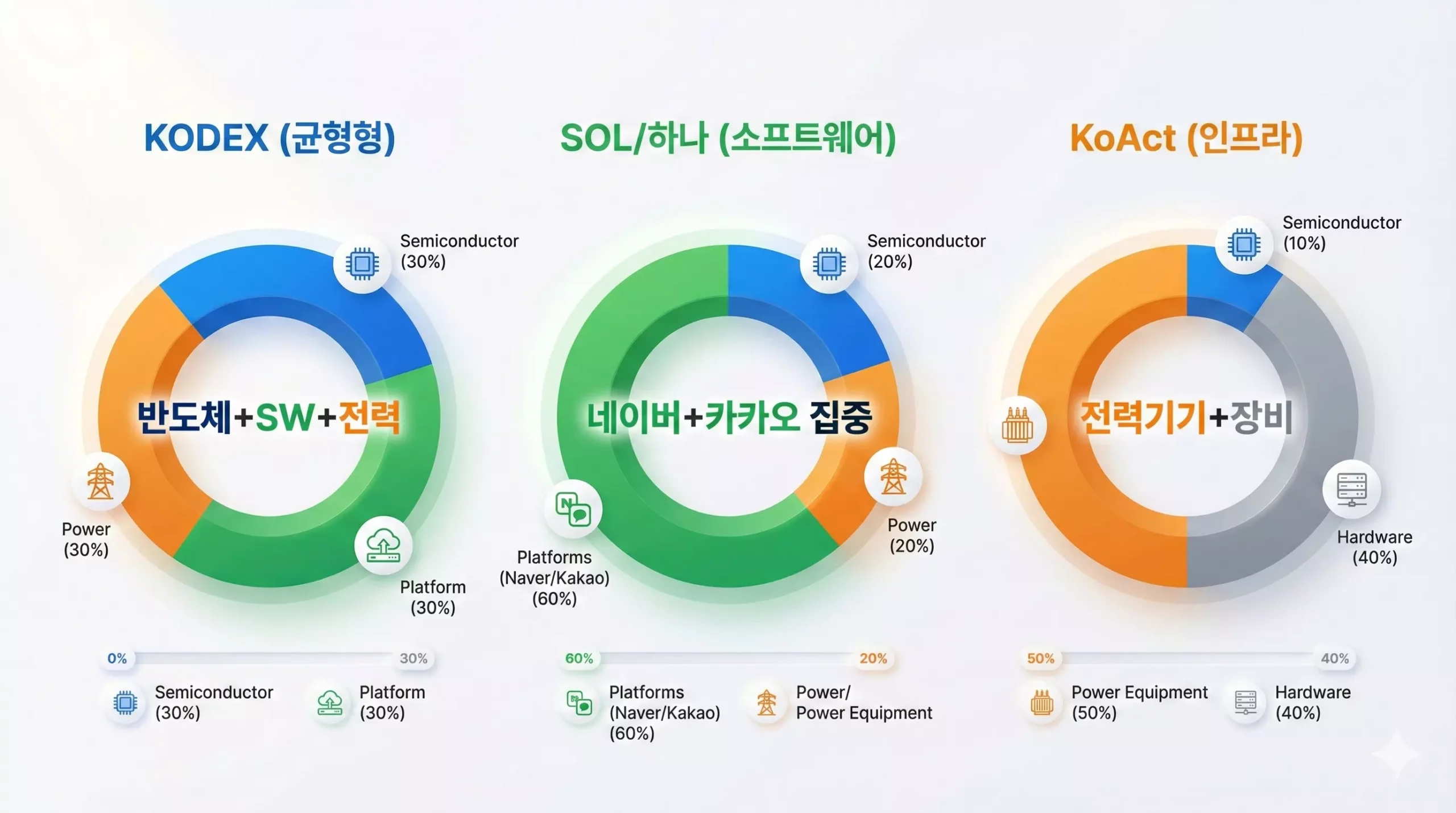 소버린 AI ETF 비교, KODEX는 반도체 포함, SOL과 1Q는 소프트웨어 집중, KoAct는 인프라 장비 위주 구성 소버린 AI ETF 비교, KODEX는 반도체 포함, SOL과 1Q는 소프트웨어 집중, KoAct는 인프라 장비 위주 구성