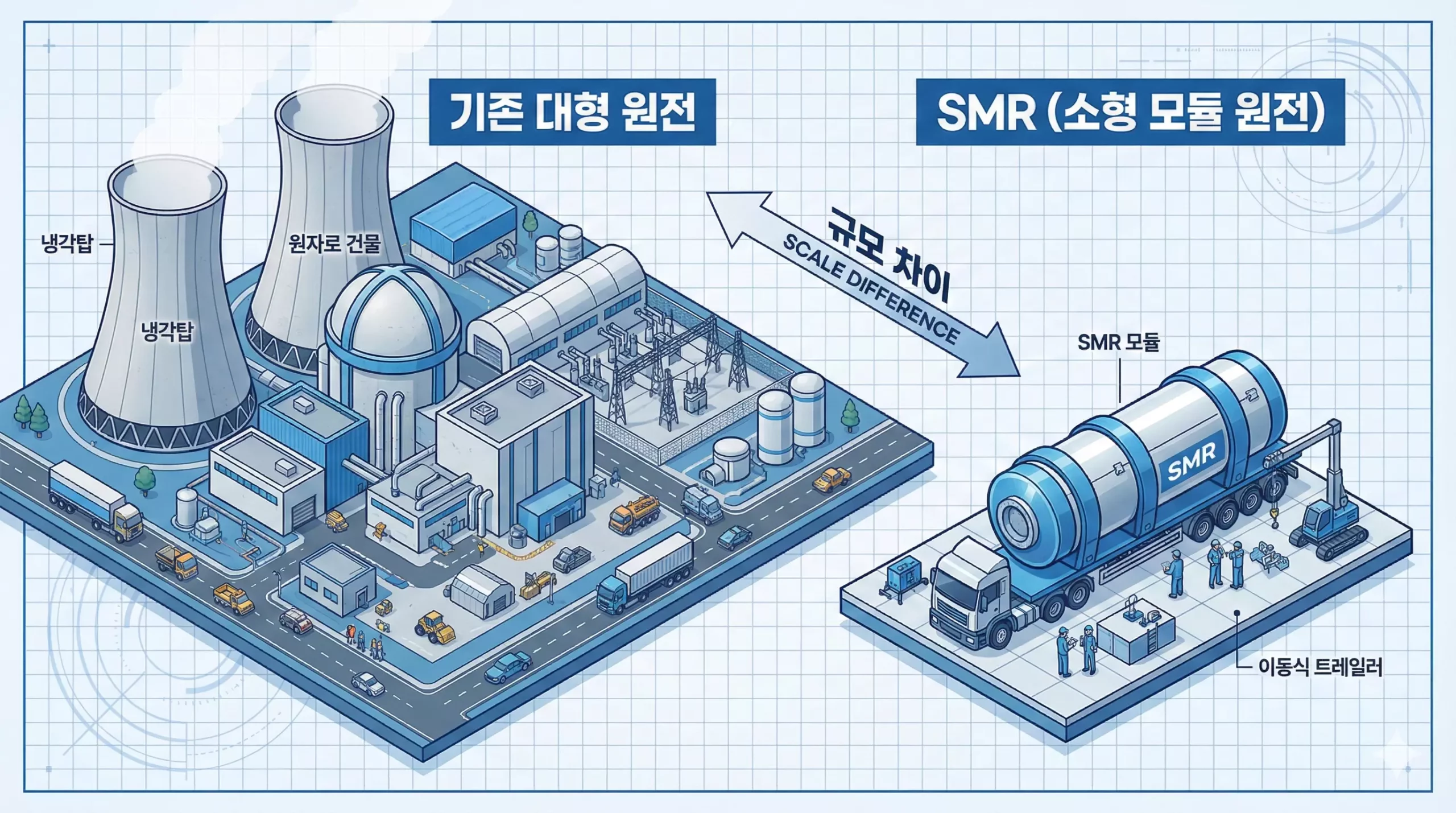 소형모듈원자로(SMR) 기술의 장점을 설명하는 이미지 소형모듈원자로(SMR) 기술의 장점을 설명하는 이미지