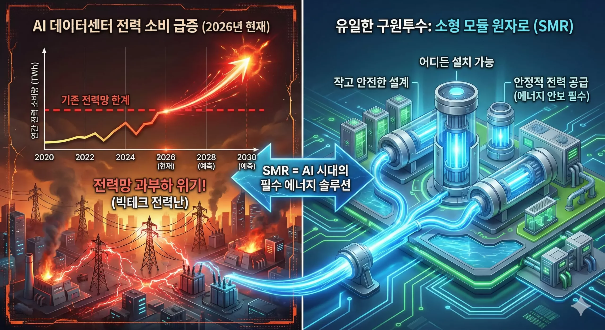 AI 전력 수요 급증과 미국 SMR 관련주 필요성 그래프 AI 전력 수요 급증과 미국 SMR 관련주 필요성 그래프