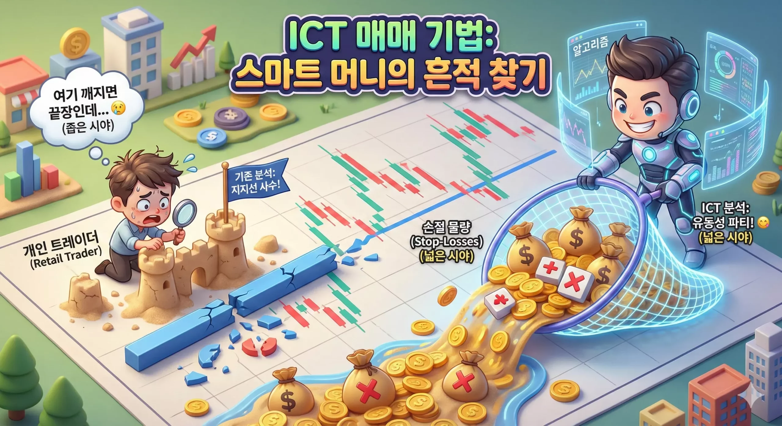 ICT 매매 기법과 일반적 기술적 분석의 진입 시점 차이를 비교한 다이어그램. 유동성 스윕 구간 강조. ICT 매매 기법과 일반적 기술적 분석의 진입 시점 차이를 비교한 다이어그램.