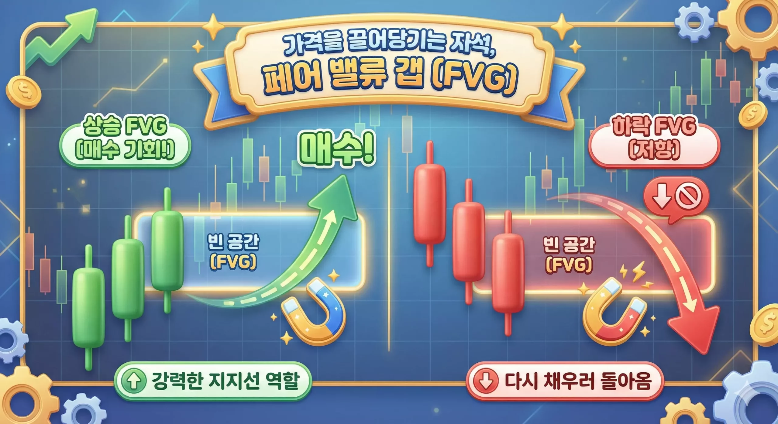 SMC 매매법의 핵심 지표인 페어 밸류 갭(FVG)이 차트에서 어떻게 형성되는지 보여주는 예시 SMC 매매법의 핵심 지표인 페어 밸류 갭(FVG)이 차트에서 어떻게 형성되는지 보여주는 예시